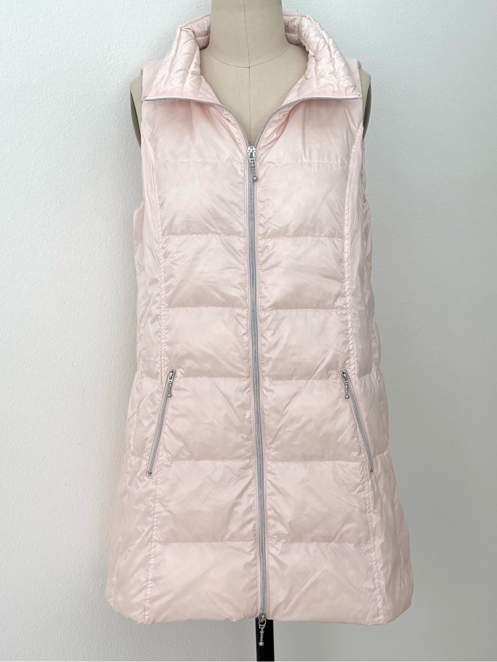 My Anorak Long Metallic Nylon Down Vest NWT Ballet Pink Dual-Zip L